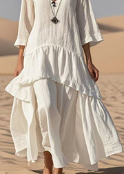 Style White Oversized Patchwork Cotton Maxi Dresses Bracelet Sleeve