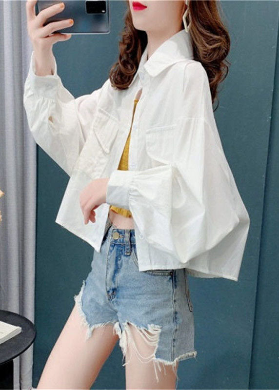 Style White Peter Pan Collar Oversized Cotton Shirts Batwing Sleeve