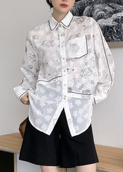 Style White Peter Pan Collar Print Button Shirts Long Sleeve