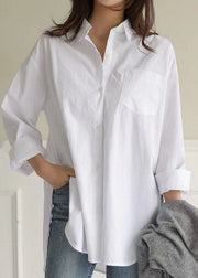 Style White Peter Pan Collar Side Open Cotton Shirt Tops Spring