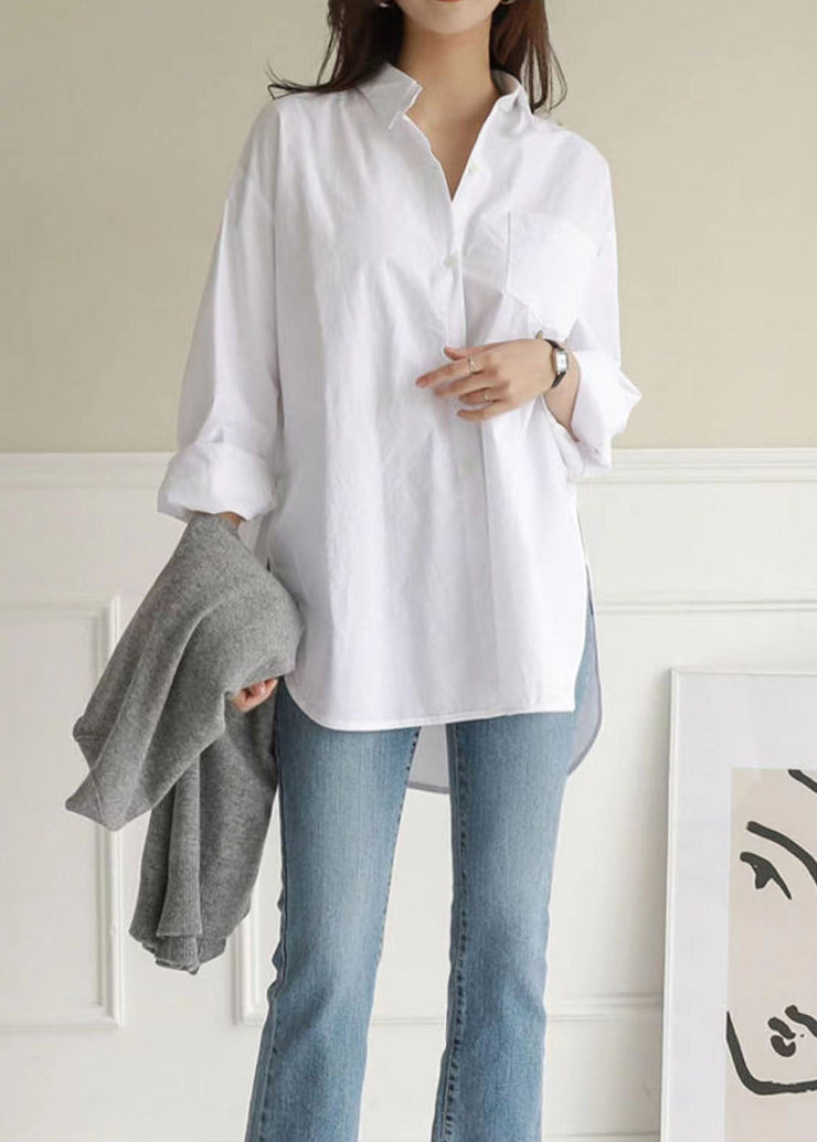 Style White Peter Pan Collar Side Open Cotton Shirt Tops Spring