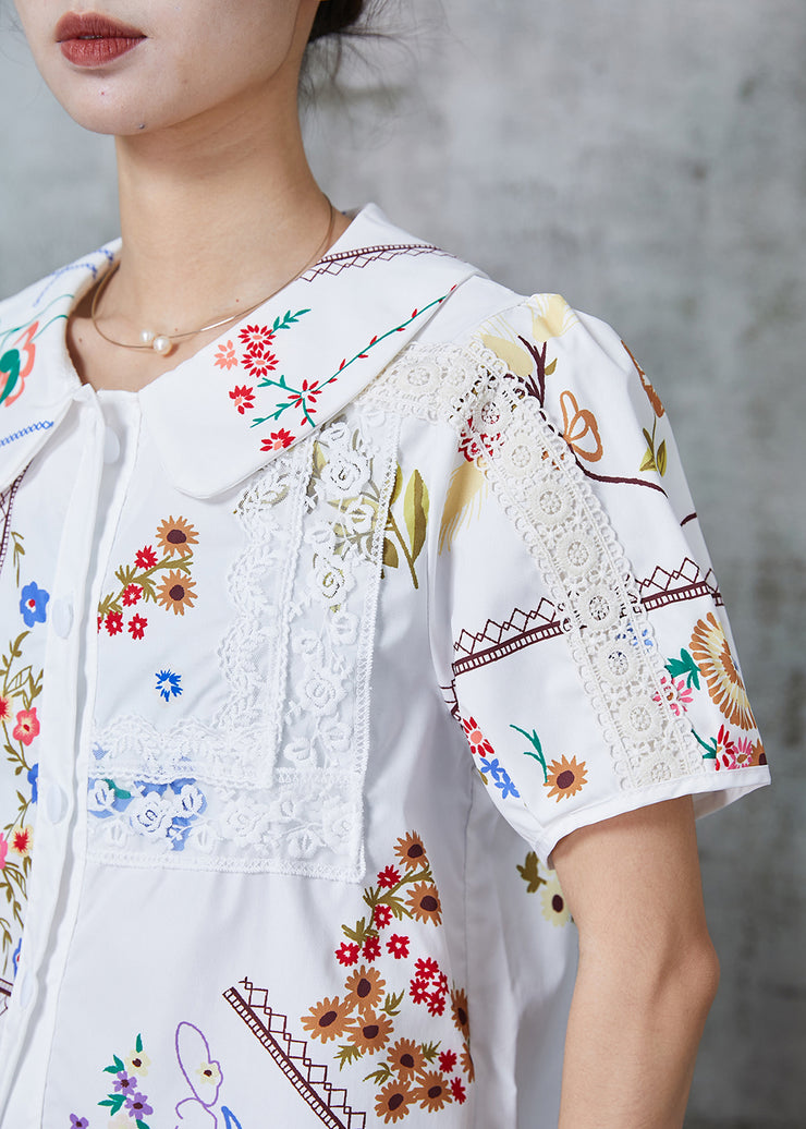 Style White Print Patchwork Lace Shirt Top Summer