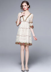 Style White Ruffled Embroidered Patchwork Lace Mid Dress Summer