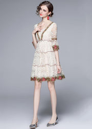 Style White Ruffled Embroidered Patchwork Lace Mid Dress Summer