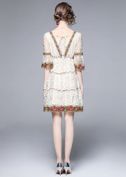 Style White Ruffled Embroidered Patchwork Lace Mid Dress Summer