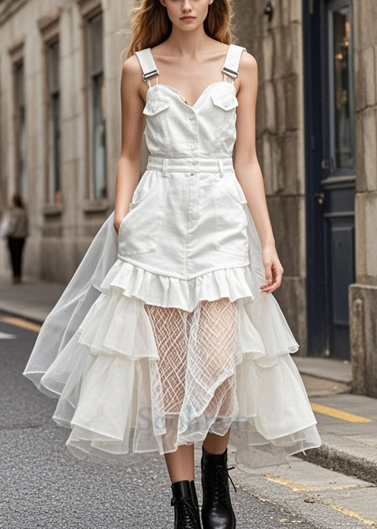 Style White Ruffled Patchwork Tulle Denim Holiday Dress Summer