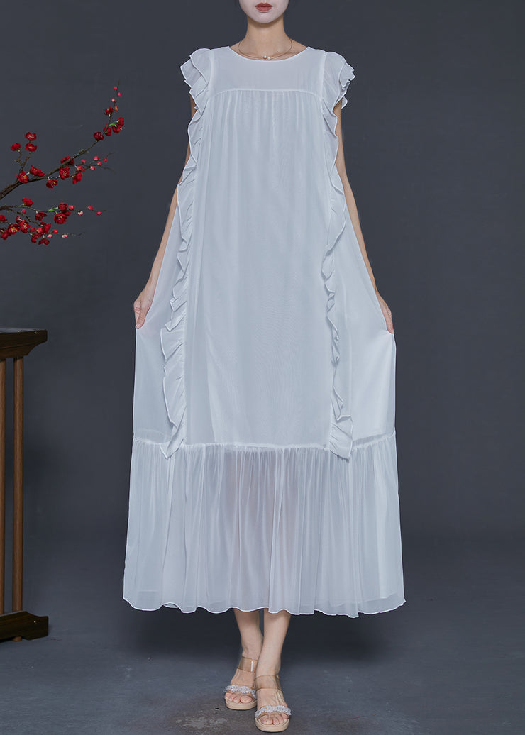 Style White Ruffled Tie Waist Chiffon Holiday Dress Sleeveless