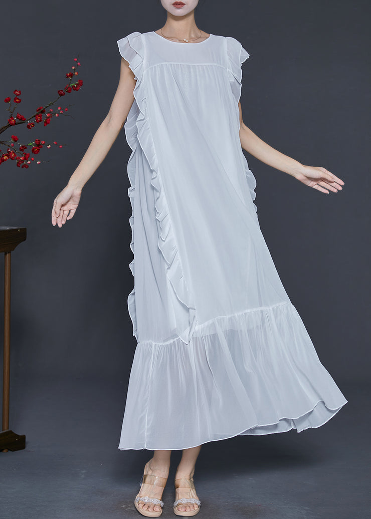 Style White Ruffled Tie Waist Chiffon Holiday Dress Sleeveless