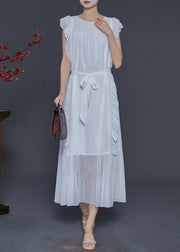 Style White Ruffled Tie Waist Chiffon Holiday Dress Sleeveless