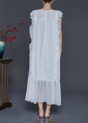 Style White Ruffled Tie Waist Chiffon Holiday Dress Sleeveless