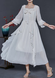 Style White Square Collar Ruffled Chiffon Long Dresses Fall