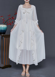 Style White Square Collar Ruffled Chiffon Long Dresses Fall