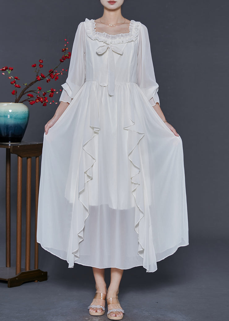 Style White Square Collar Ruffled Chiffon Long Dresses Spring