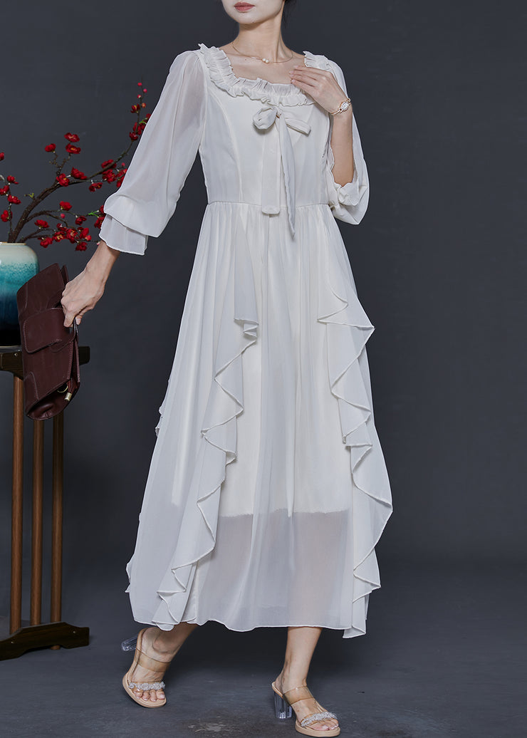 Style White Square Collar Ruffled Chiffon Long Dresses Spring