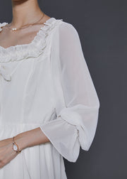 Style White Square Collar Ruffled Chiffon Long Dresses Spring