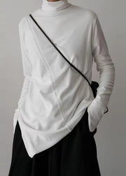 Style White Stand Collar Asymmetrical Design Cotton Tops Spring