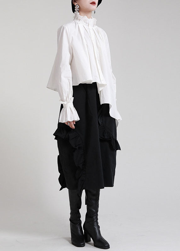 Style White Stand Collar Asymmetrical Wrinkled Cotton Shirts Long Sleeve