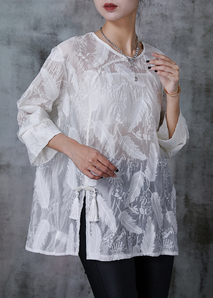 Style White Tasseled Feather Embroidered Silk Shirts Summer