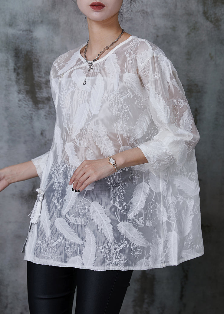 Style White Tasseled Feather Embroidered Silk Shirts Summer