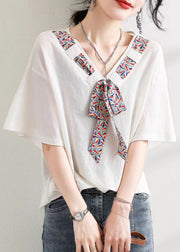 Style White V Neck Bow Patchwork Cotton Top Summer