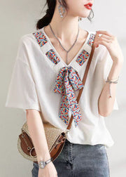 Style White V Neck Bow Patchwork Cotton Top Summer