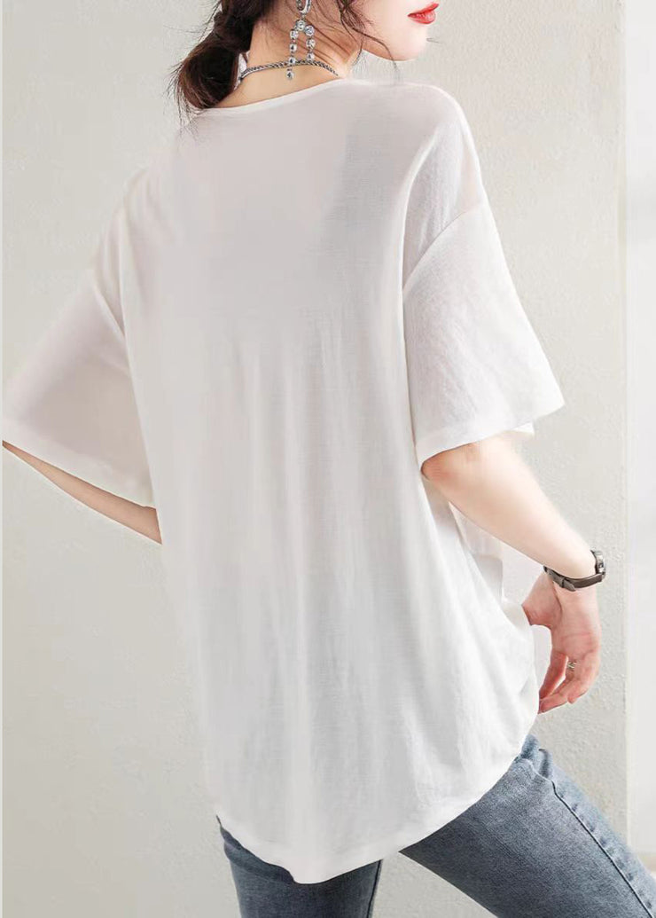 Style White V Neck Bow Patchwork Cotton Top Summer