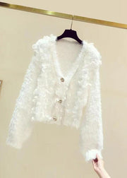 Style White V Neck Nail Bead Tassel Mink Hair Knitted Shirt Long Sleeve