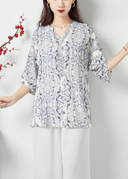 Style White V Neck Oversized Print Chiffon Shirts Summer