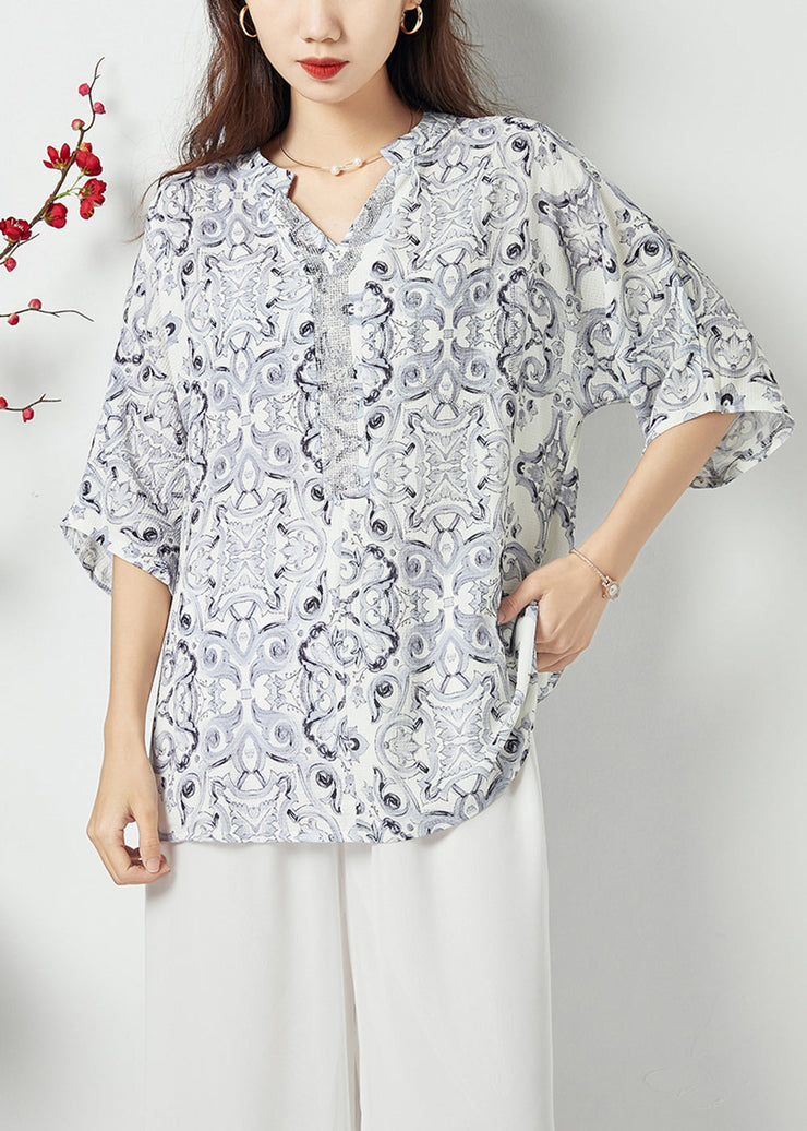 Style White V Neck Oversized Print Chiffon Shirts Summer