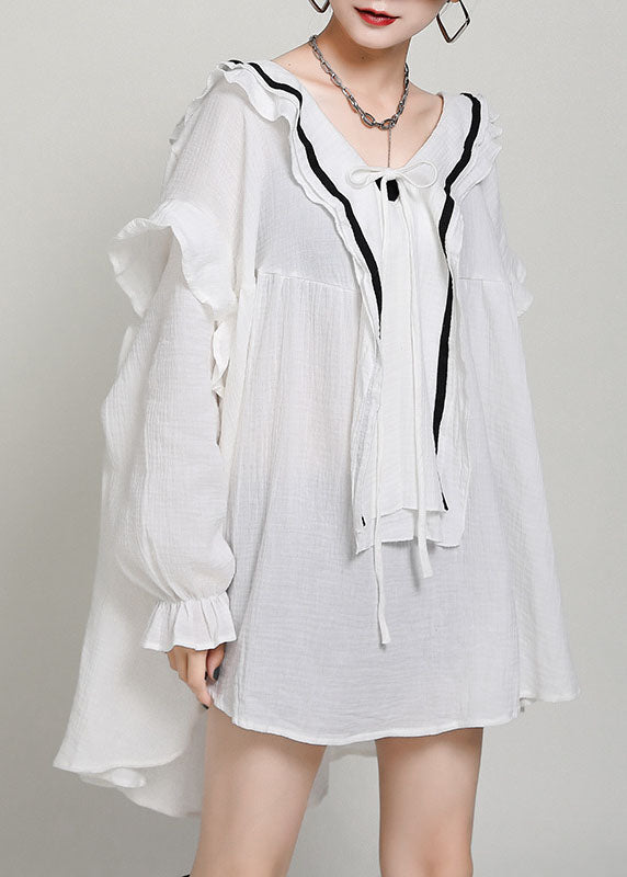 Style White V Neck Patchwork Cotton Tops Fall