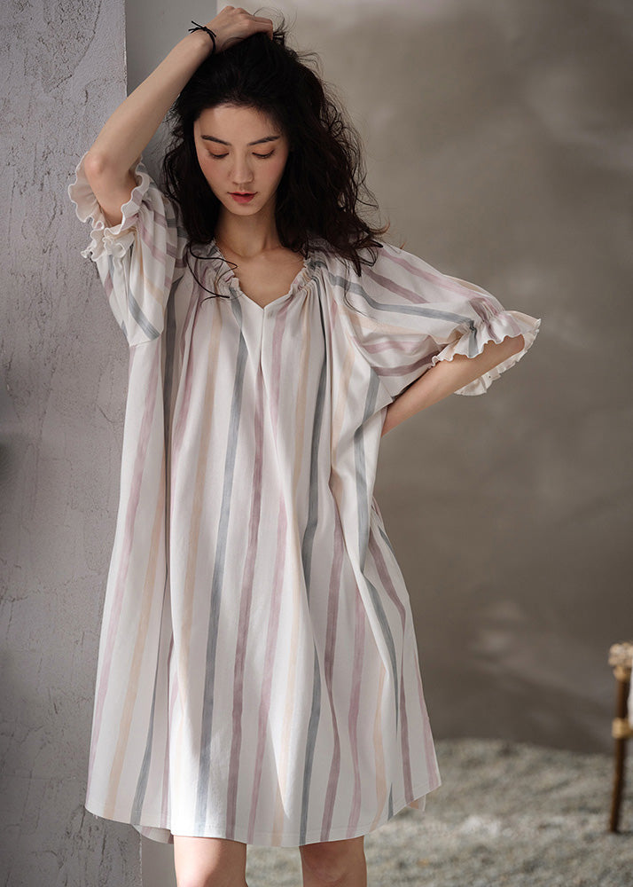 Style White V Neck Striped Cotton Long Dresses Summer