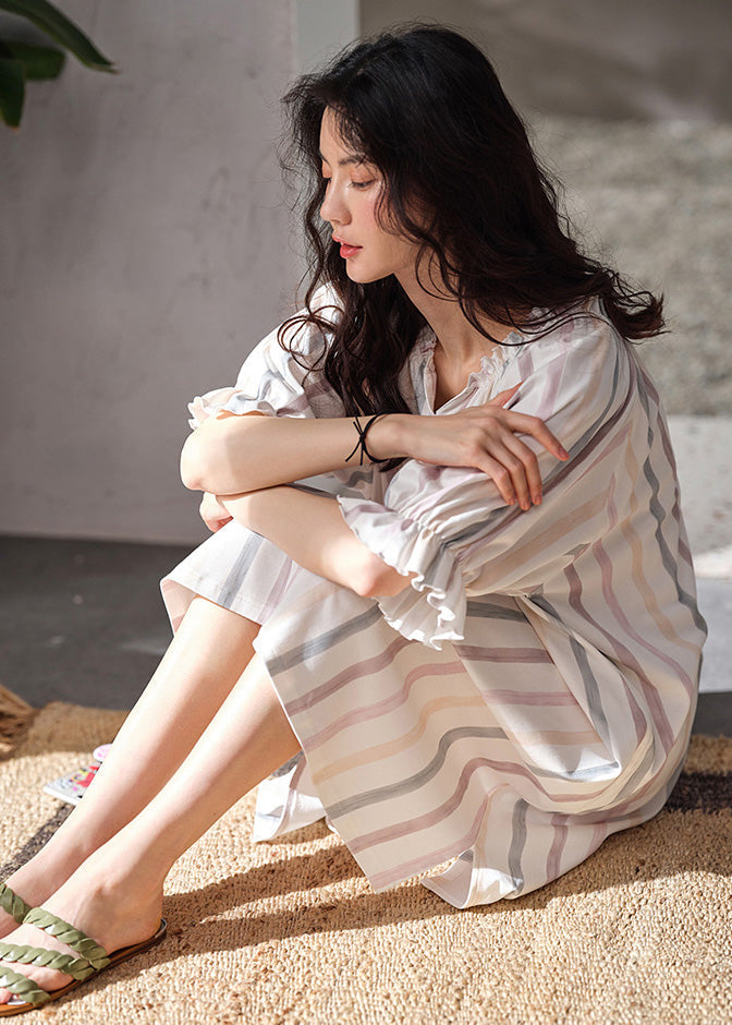 Style White V Neck Striped Cotton Long Dresses Summer