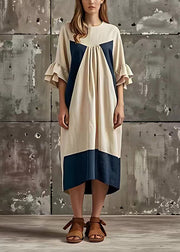 Style White Wrinkled Patchwork Cotton Dresses Flare Sleeve