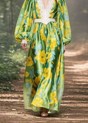 Style Yellow Green Print V Neck Patchwork Silk Dresses Lantern Sleeve