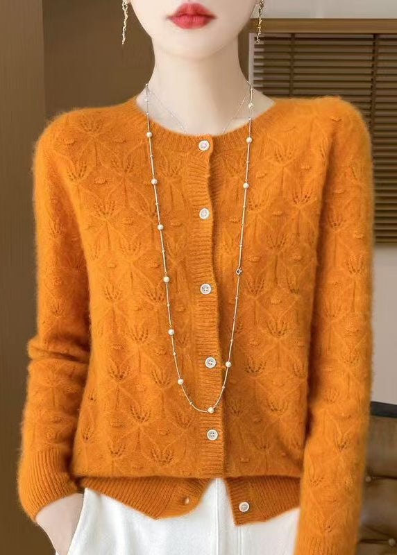 Style Yellow Hollow Out Jacquard Wool Cardigan Spring