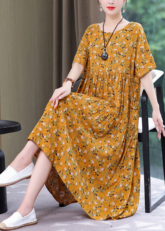 Style Yellow O-Neck Print Wrinkled Long Dress Summer