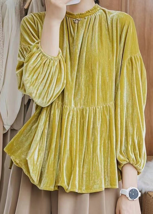 Style Yellow O Neck Wrinkled Patchwork Silk Velour Shirt Spring