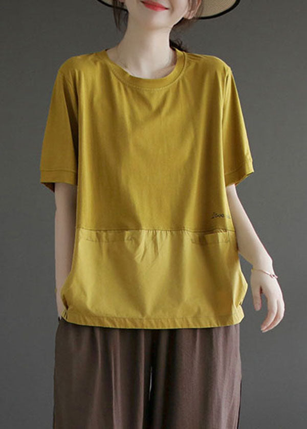 Style Yellow Oversized Patchwork Cotton Tops Short Sleeve