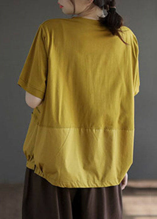 Style Yellow Oversized Patchwork Cotton Tops Short Sleeve