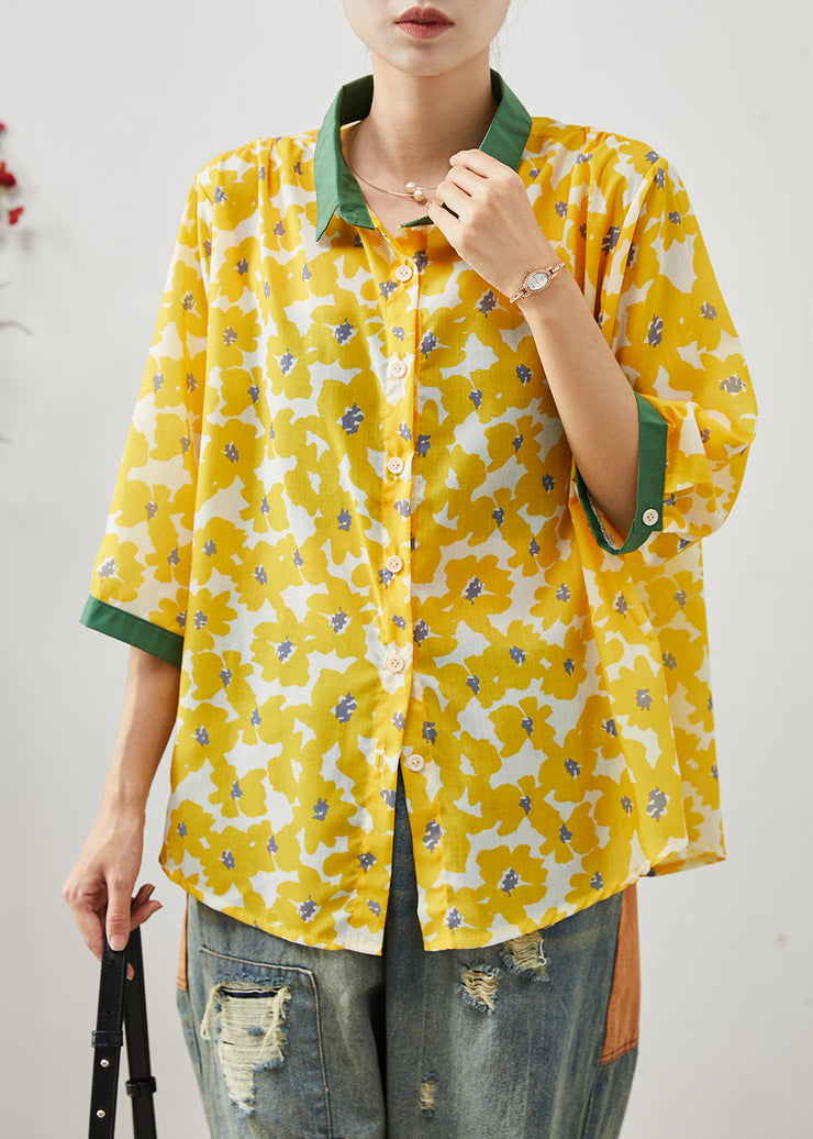 Style Yellow Oversized Print Linen Shirt Tops Bracelet Sleeve