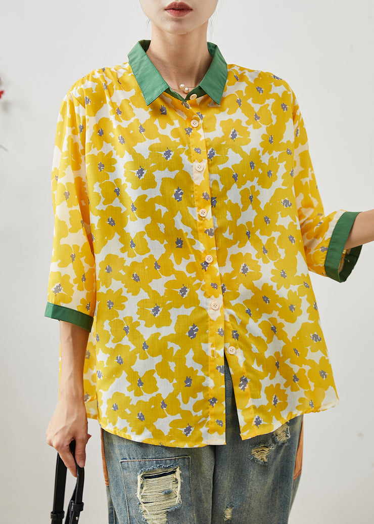 Style Yellow Oversized Print Linen Shirt Tops Bracelet Sleeve