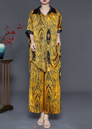 Style Yellow Oversized Print Silk Two Pieces Set Summer