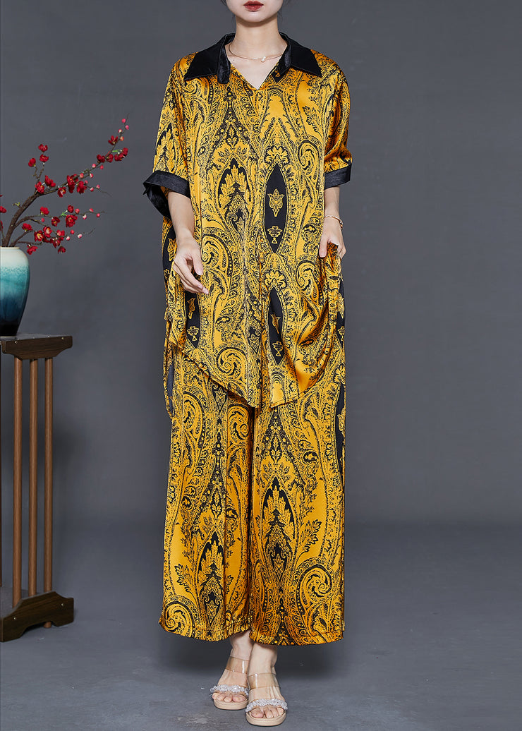 Style Yellow Oversized Print Silk Two Pieces Set Summer