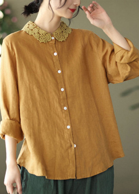 Style Yellow Peter Pan Collar Embroideried Linen Shirts Long Sleeve