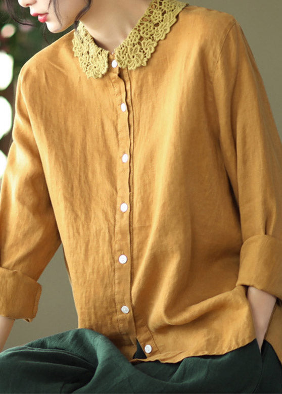 Style Yellow Peter Pan Collar Embroideried Linen Shirts Long Sleeve