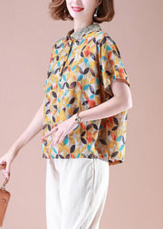 Style Yellow Peter Pan Collar Print Lace Patchwork Linen Top Summer