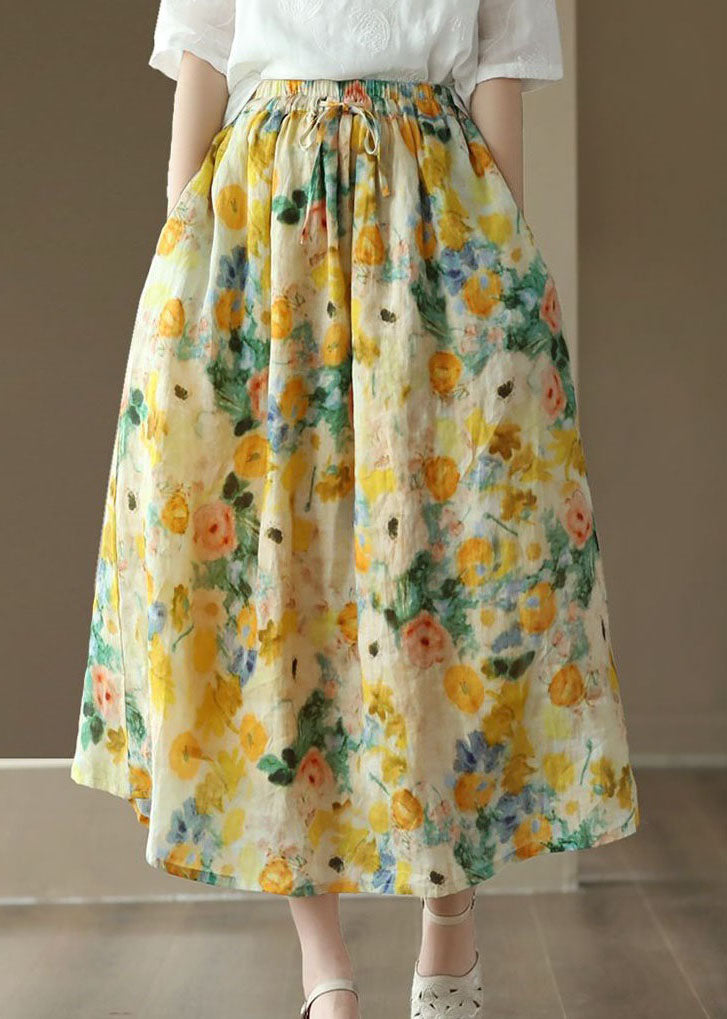 Style Yellow Pockets Elastic Waist Patchwork Linen Skirt Summer