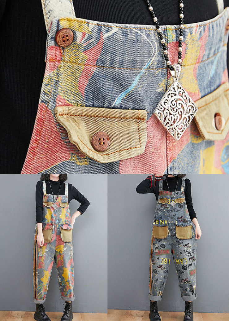 Style Yellow Print Patch Denim Spaghetti Strap Jumpsuit Spring