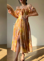 Style Yellow Print Patchwork Maxi Spaghetti Strap Dresses Short Sleeve