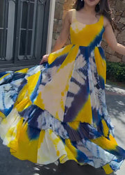Style Yellow Print Wrinkled Chiffon Long Dress Sleeveless